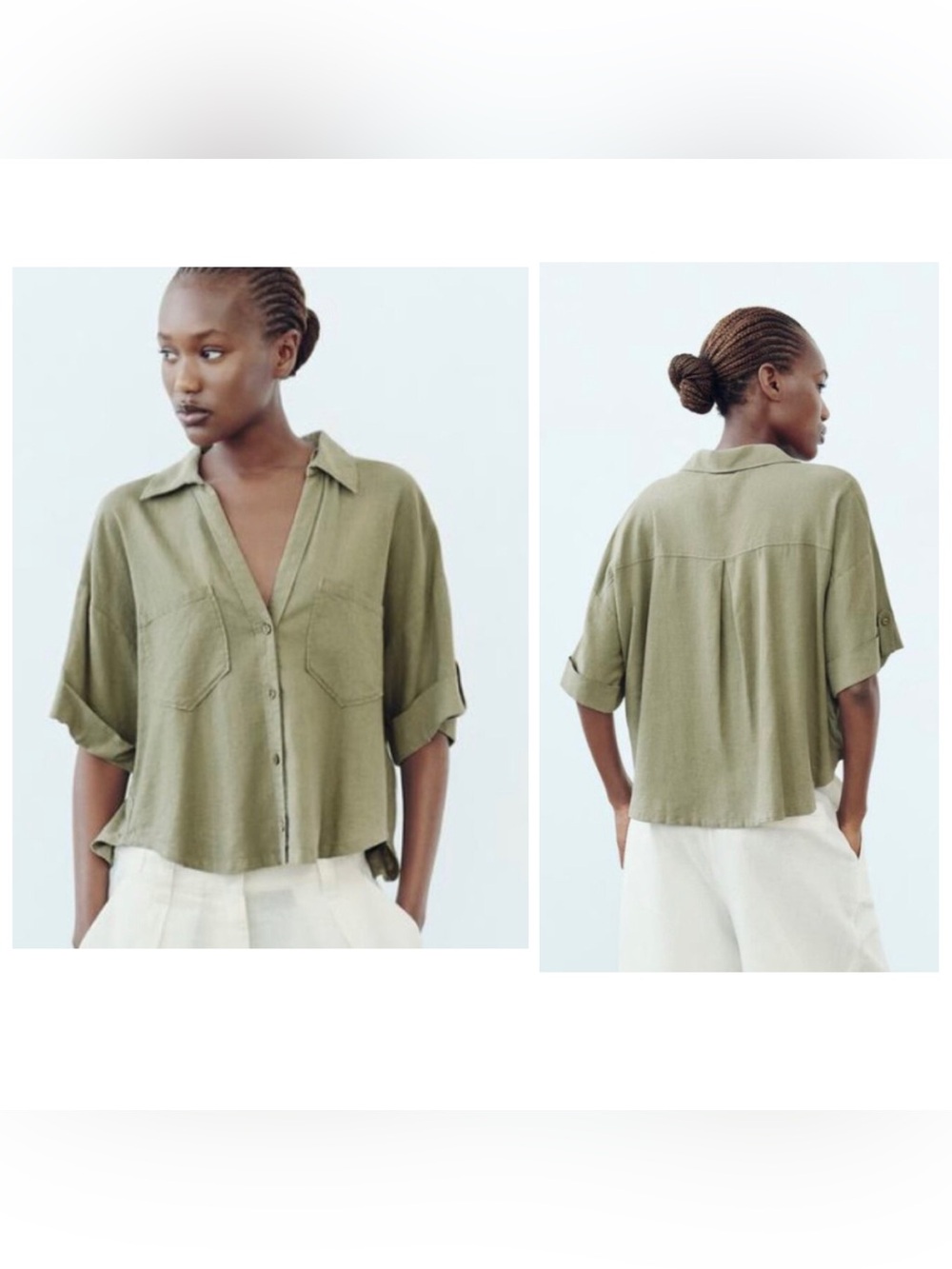 Zara Linen Blend Button Front Crop Shirt NWT Sage Green Large